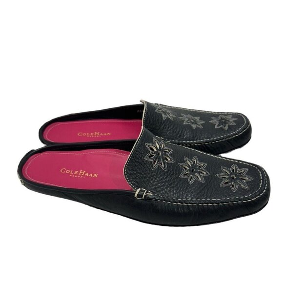 Cole Haan Womens 7.5 Black Pebbled Cut Out Leather Mules Slip On Driving Shoe - Picture 2 of 11